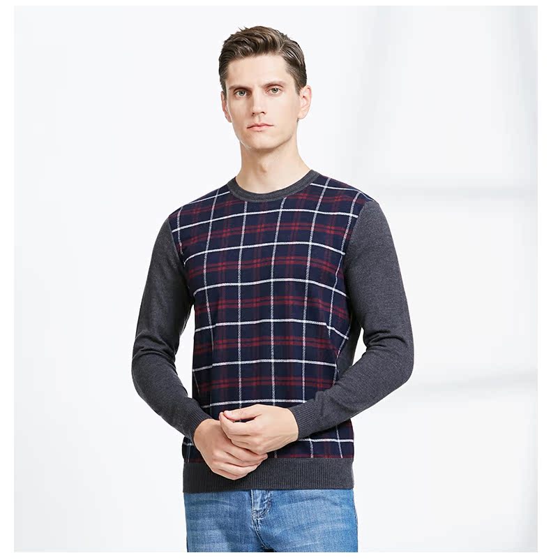 Satchi / Shachi Áo len mỏng nam cho nam Cổ tròn đan áo sơ mi kẻ sọc kẻ sọc Jacquard - Áo len quần thể dục