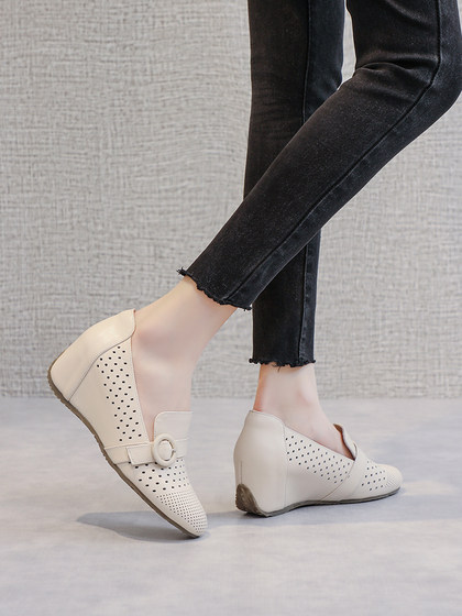 夏季新款镂空软底透气休闲鞋内增高女鞋春款真皮不累脚坡跟单鞋女