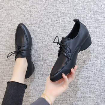 Spring and autumn small leather shoes for women 2026 new medium heel genuine leather deep mouth women's shoes lace-up soft sole comfortable pointed toe wedge single shoes