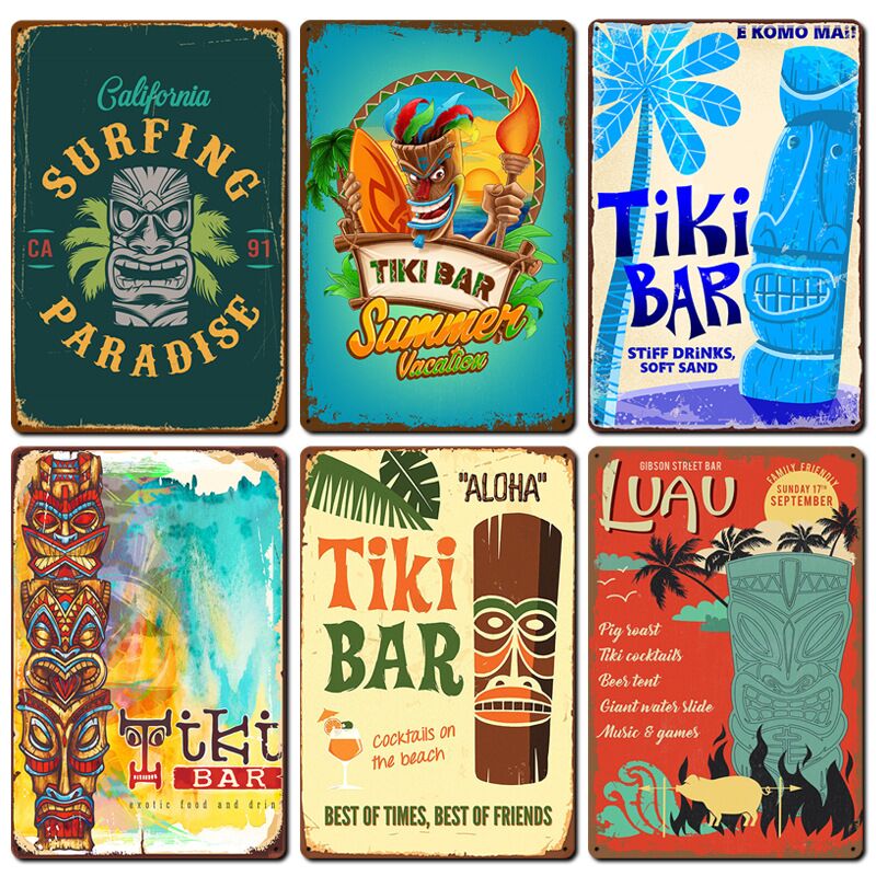 2021 new retro Tiki Bar American tin painting bar cafe background wall frameless decorative painting