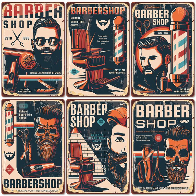 New Barbershop Poster Retro Tin Painting Hairdressshop Background Wall No Frame Decoration Hanging