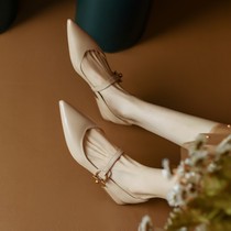 Fa-style retro word button single shoe woma spring осенний новый подлинный кожаный заостренный низкий каблук имени Ю