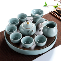 Chinese style simple Ge kiln opening piece Household Kung Fu tea set Small tea tray set Ceramic tea maker Teacup Teapot Tea ceremony