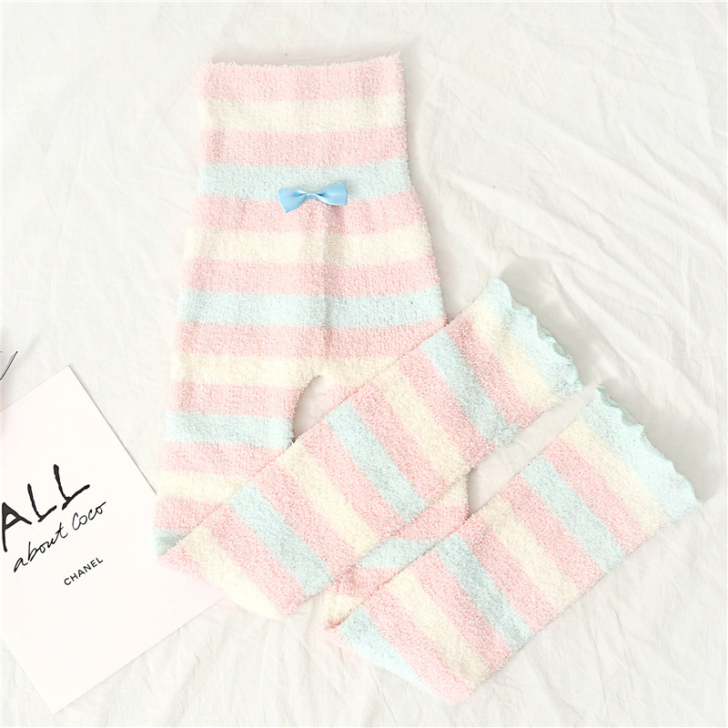 Japanese soft autumn and winter wool fluff line warm pajamas female cute pink high waist home pants