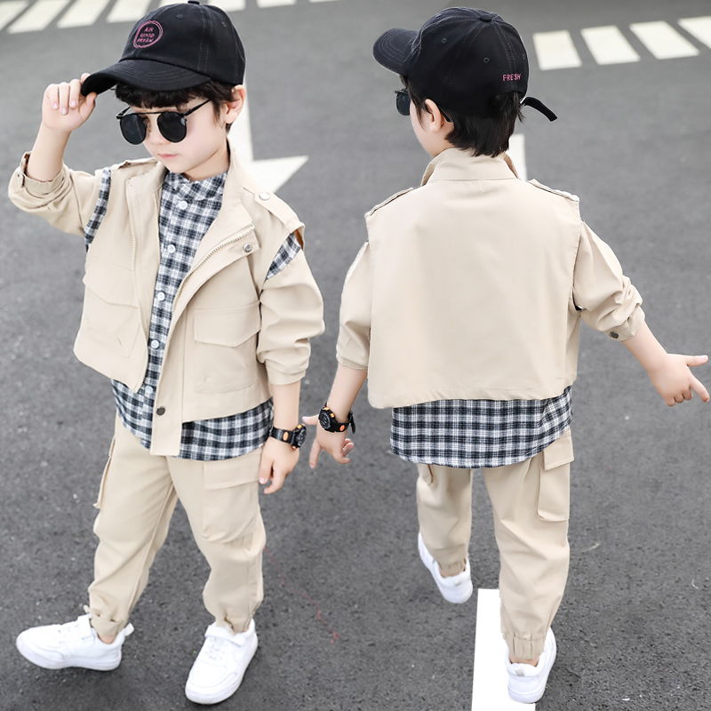 Children's suit Boys fashion spring suit trend 2021 new handsome fashionable plaid pure cotton Western school three-piece set