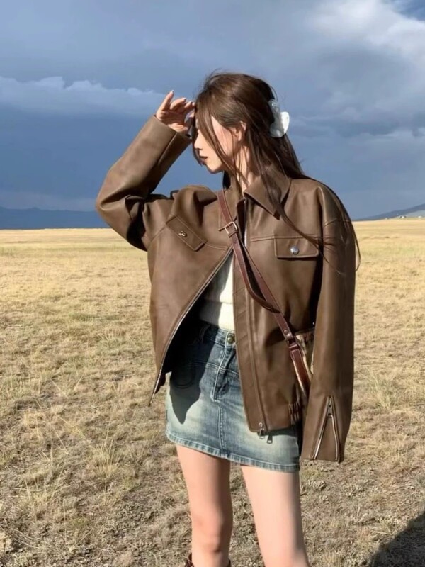 Parker Goose down Jacket for Women 2023 Winter New American Style Coffee Color Loose Maillard Leather Jacket Short Coat Parker Goose down Jacket for Women 2023 Winter New American Style Coffee Color Loose Maillard Leather Jacket Short Coat