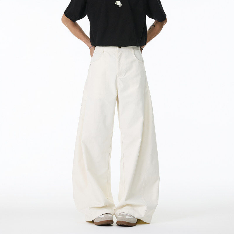 Chements Summer New Elastic Deconstructed Scimitar Pants Unisex Korean Style Loose White Pants Straight Casual Long Pants