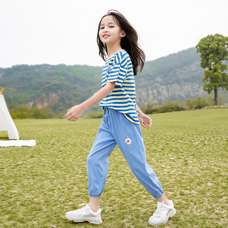 Girls striped short-sleeved T-shirt jeans two-piece suit summer new big children's clothing 170 Western style loose little girl