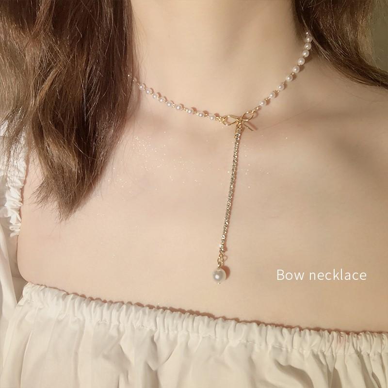 Bow Pearl Necklace (Clavicle Chain) Female Simple Temperament Pendant Student Sen Department Sweet Gentle Necklace Trend