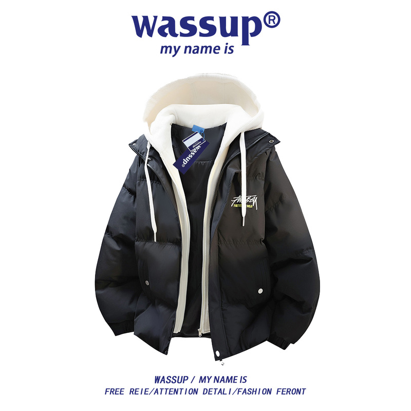 Wassup Fake Two-Piece Hooded Cotton Jacket for Men, Winter Thickened Warm Coat, Trendy Cotton-Padded Jacket