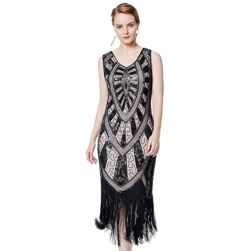 1920S Vintage Sequined Great Gatsby Dress with Beaded Fringe, Short Cocktail Dress for Parties