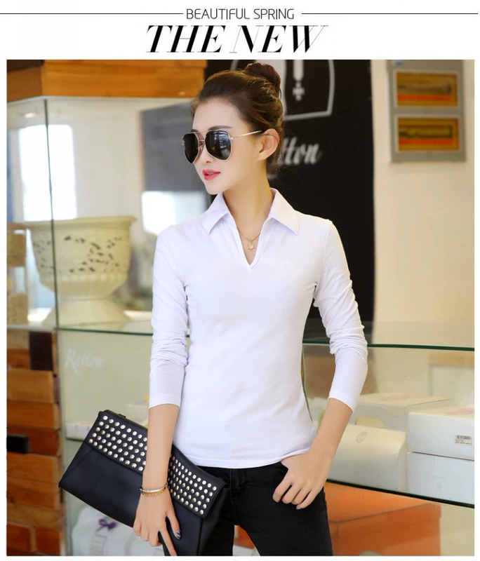 Áo sơ mi nữ size rộng cho nữ mùa thu mm dài tay mỏng manh cộng với phân bón XL ve áo cotton đáy áo thun áo nỉ nữ
