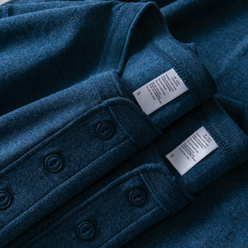 Retro denim blue 250g heavy Henry collar long cuff button Poseidon blue loose all-match bottoming autumn men's and women's T