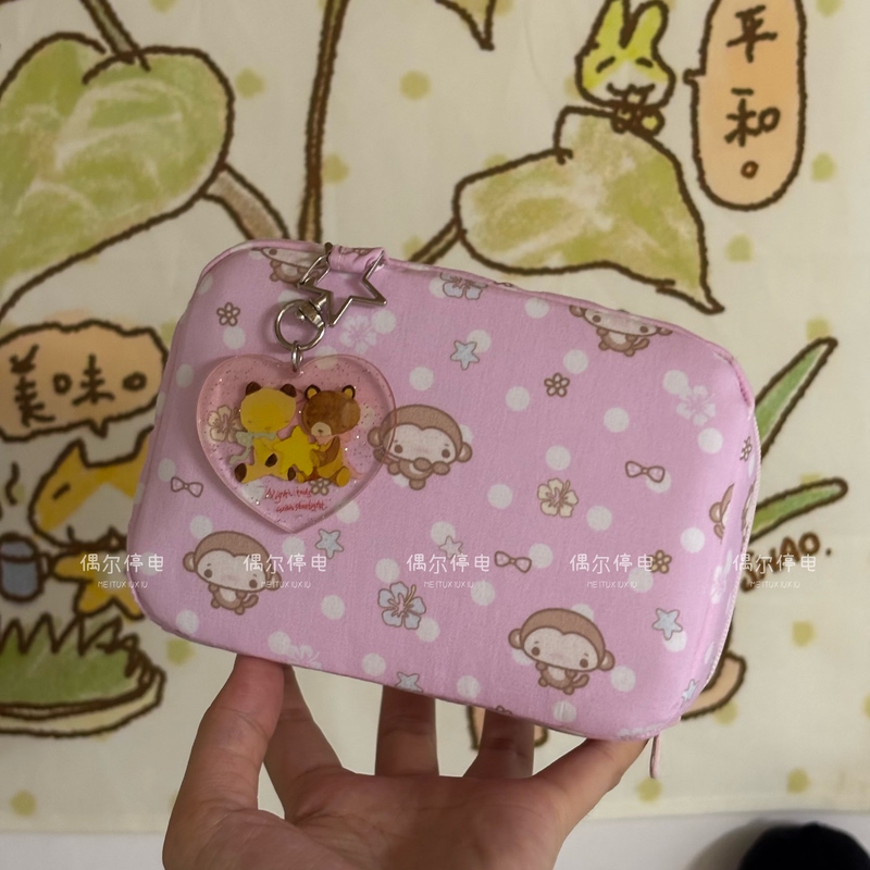 Pink Polka Dot Little Monkey Makeup Bag Storage Pouch Handmade Storage Pouch Ins-Style Vintage Cute Accordion Bag