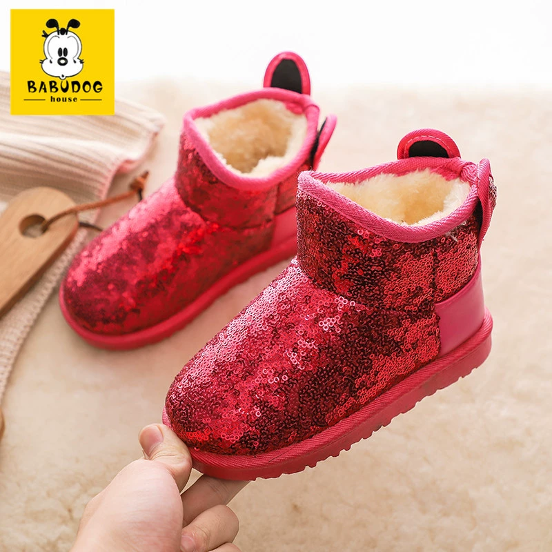 Mất tiền gấp gáp xếp hạng BABUDOG chính hãng mùa đông mới giày tuyết trẻ em cho bé gái giày bốt công chúa đính sequin ngắn - Kính khung
