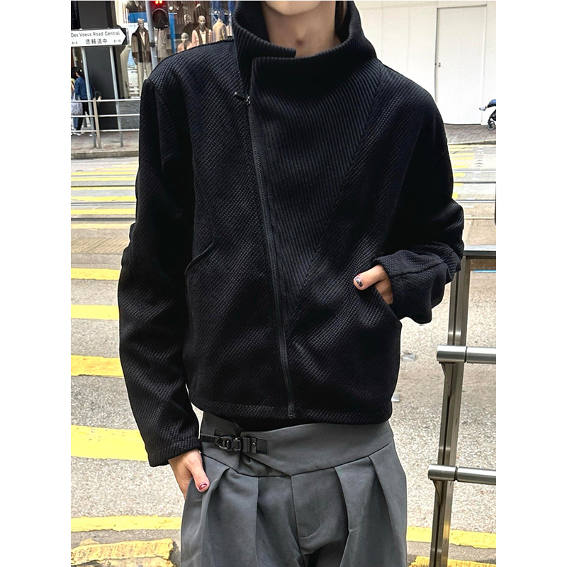 Autumn and Winter New Style Diagonal-Cut Mid-High Collar Long-Sleeve Jacket for Men, Versatile Textured Short Wide Black Casual Coat Trendy