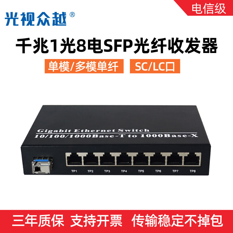 Gigabit 1 optical 8 electrical SFP fiber transceiver single-mode multi-mode single-fiber photoelectric converter LC or SC port with module