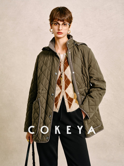 Cokeya/English Holiday~B's Royal Wool and Cashmere Diamond Pattern Hooded Waist-Tightening Loose Cotton Jacket for Women in Winter