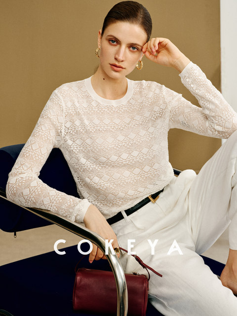 Cokeya/Ukiyo-E~6A Real Silk Mulberry Silk Hollow-Out Sun Protection Thin Round Neck Long-Sleeve Knitted Base Shirt for Women Summer