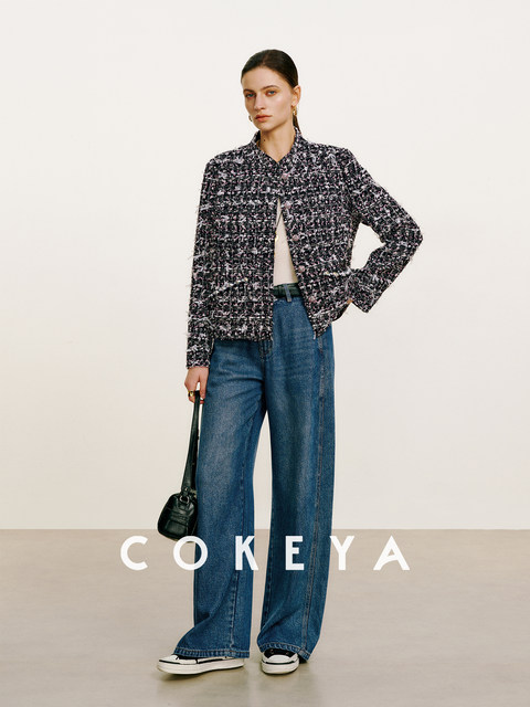 Cokeya/Urban Night Cherry~Italian Imported Japanese Paper Yarn Tweed Stand Collar Chanel-Style Jacket for Women Spring