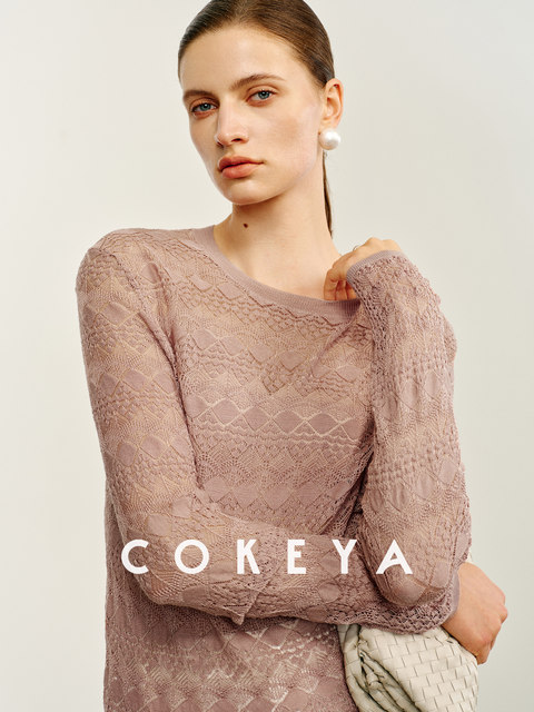 Cokeya/Ukiyo-E~6A Real Silk Mulberry Silk Hollow-Out Sun Protection Thin Round Neck Long-Sleeve Knitted Base Shirt for Women Summer