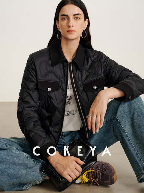 Cokeya/Manhattan~Barn Style 90 White Goose down Thin Quilted Short Lapel down Jacket for Women Winter