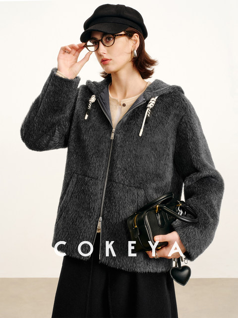 Cokeya/Bagel Coat~ Barn Style Alpaca Wool Hooded Loose Long Sleeve Woolen Coat for Women Spring