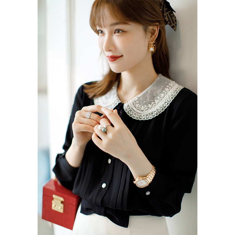 En light luxury custom Hello Miss ~ heavy handmade beaded embroidered doll collar acetate tucker cord shirt