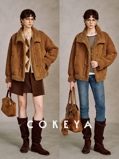 Cokeya/Du Se Gallery~Sheep Wool Suede Stand-Up Collar Short Loose Long-Sleeved Jacket Fur Outwear for Women Winter