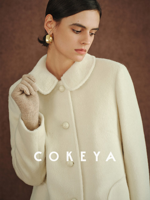 Cokeya/Ce4W+~ Llama Wool Round Neck Thick Straight Mid-Length Lapel Coat Woolen Jacket for Women Spring