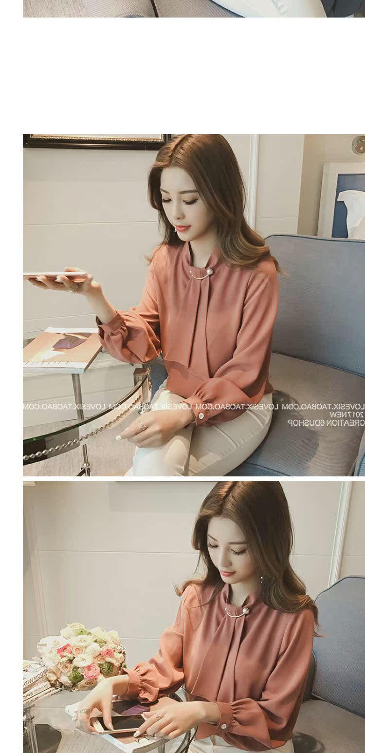 Mùa xuân 2019 mới Han Fan Lantern tay áo sơ mi voan lỏng phía dưới áo sơ mi trắng nữ dài tay áo đứng cổ áo mỏng quần áo công sở nữ