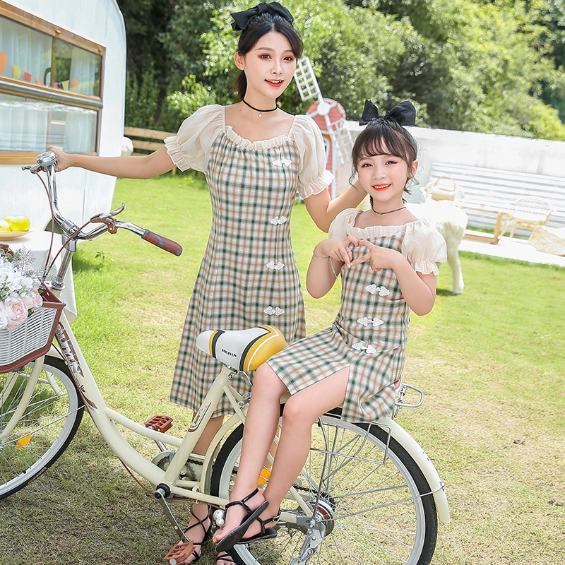 South Korea's Daughter Dress Mother Women Dress Qipao Dress 2021 New Summer Web Red Plaid Girl Improved Retro Foreign Dress