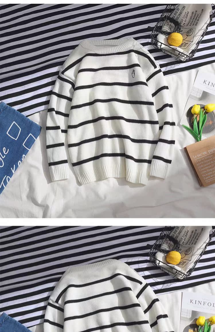 Mùa thu Nhật Bản nhỏ áo len sọc mới nam và nữ lỏng lẻo áo len thêu áo len xu hướng sinh viên áo len hoodie nam