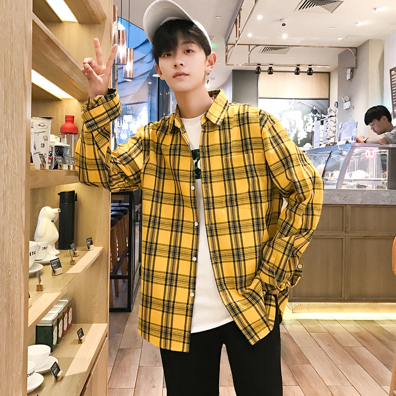 Hong Kong Style ins Summer Plaid Shirt Couple Outfit Yellow Long-Sleeved Shirt Men's Korean Style Trendy Student Handsome Jacket Hong Kong Style ins Summer Plaid Shirt Couple Outfit Yellow Long-Sleeved Shirt Men's Korean Style Trendy Student Handsome Jacket