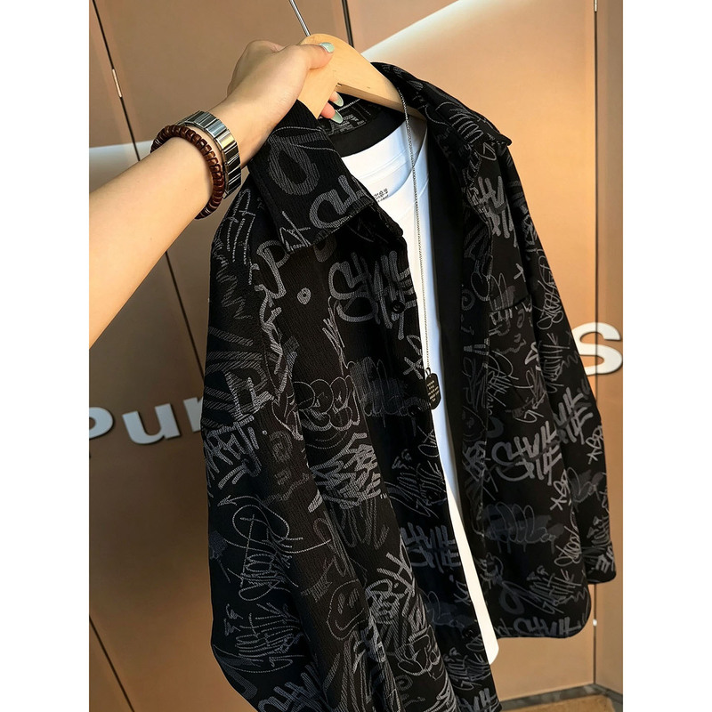 American-Style Personalized Graffiti Print Long-Sleeve Collared Shirt for Men, Autumn Trendy Brand Korean Casual Design Top Jacket