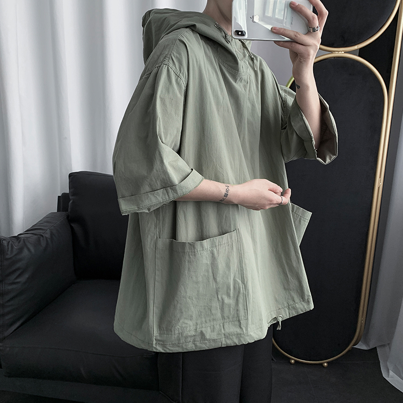 Summer Thin Three-Quarter Sleeve Jacket for Men, Hooded, Loose-Fitting, ins Hong Kong Style Trendy Brand, Cool and Stylish Three-Quarter Sleeve Shirt, Sun Protection Clothing Summer Thin Three-Quarter Sleeve Jacket for Men, Hooded, Loose-Fitting, ins Hong Kong Style Trendy Brand, Cool and Stylish Three-Quarter Sleeve Shirt, Sun Protection Clothing