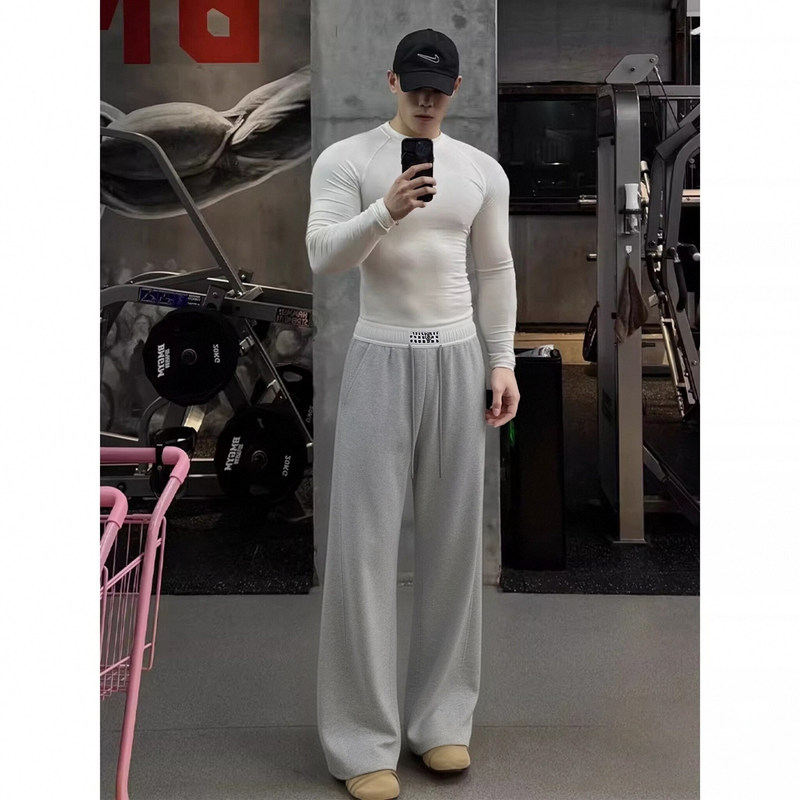 Light Gray American-Style Fitness Pants for Men, Spring Cleanfit Drapey Sports Sweatpants, Running Training Straight-Leg Pants