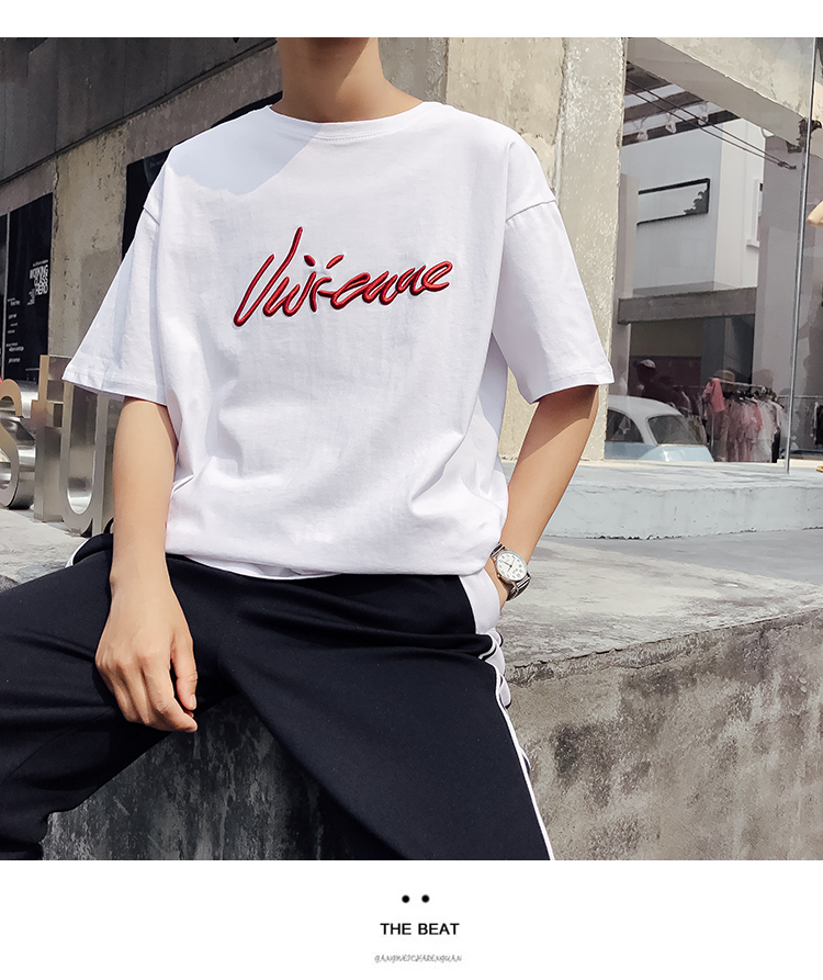 2018 mùa hè vài thêu T-Shirt nam ngắn tay lỏng sinh viên Hàn Quốc hoang dã giản dị áo sơ mi vòng cổ áo sơ mi