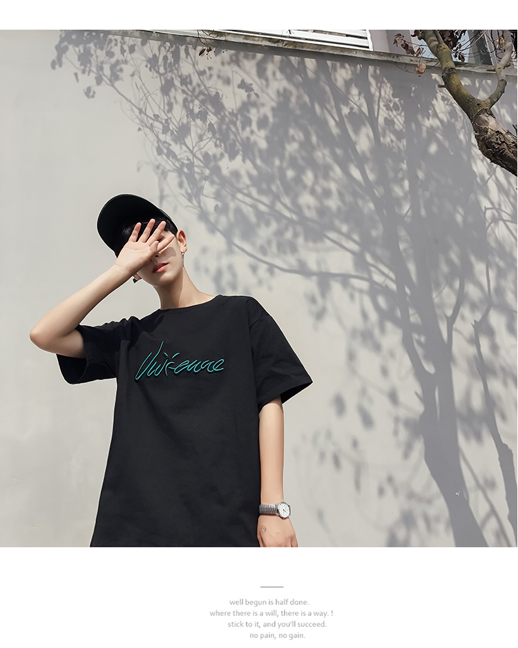 2018 mùa hè vài thêu T-Shirt nam ngắn tay lỏng sinh viên Hàn Quốc hoang dã giản dị áo sơ mi vòng cổ áo sơ mi