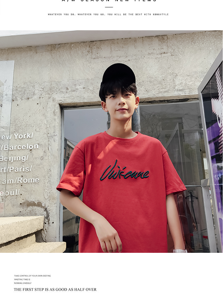 2018 mùa hè vài thêu T-Shirt nam ngắn tay lỏng sinh viên Hàn Quốc hoang dã giản dị áo sơ mi vòng cổ áo sơ mi