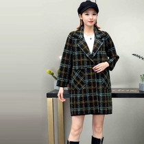 Plaid woolen coat womens autumn and winter 2021 new Korean version of the middle and long British style loose straight blazer trend