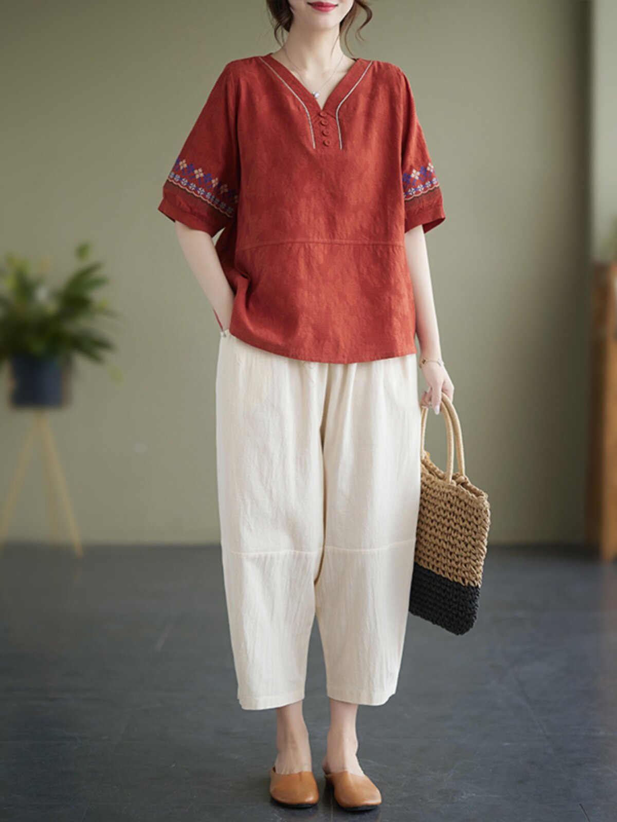 2026新款民族风夏装套装女上衣夏季新款中老年妈妈宽松减龄两件套