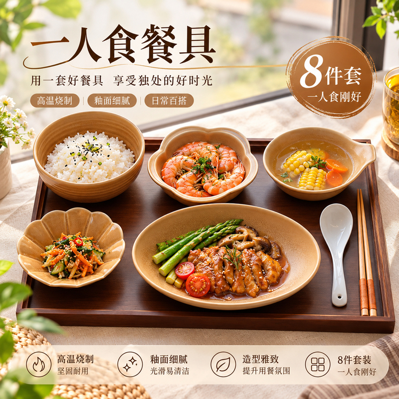 Ritualistic Handmade Japanese-Style 8-Piece Dinnerware Set for One Person, Postpartum Meal Tableware, Household Bowls, Plates, Spoons, and Trays