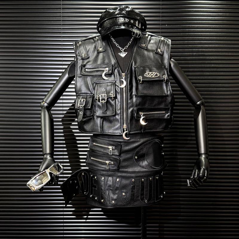 Dark Gothic Style Outfit with Moon Zipper Pocket Vest and Asymmetrical Letter-Studded Leather Mini Skirt Set