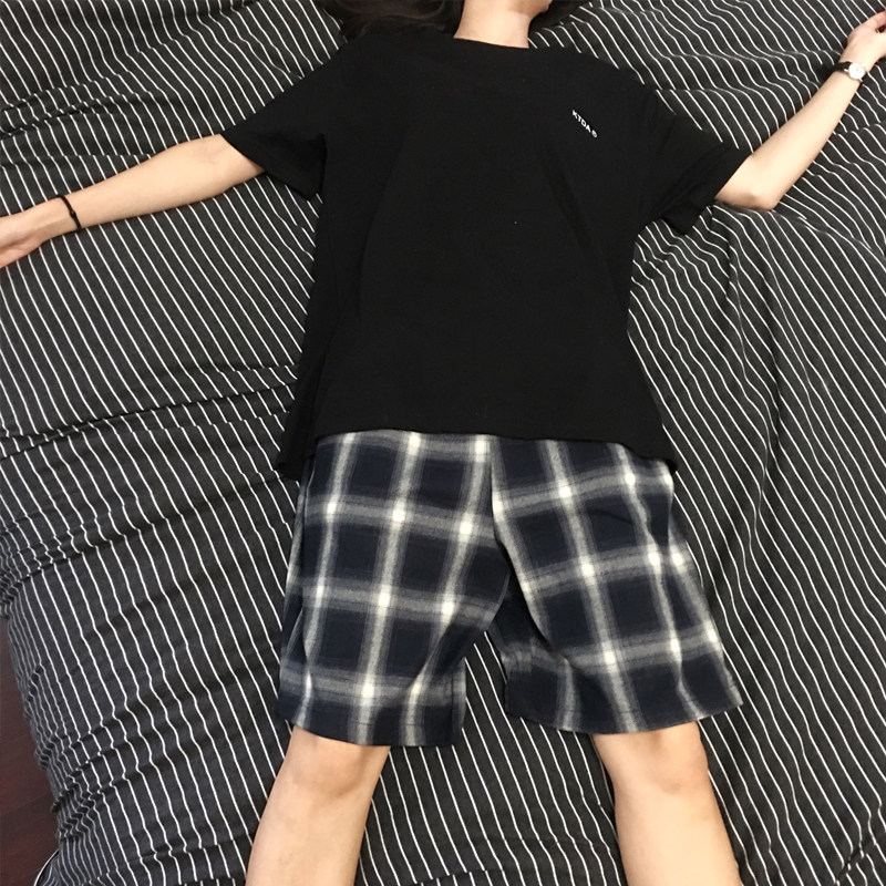 KTDA 18ss black and white plaid quick dry pants summer loose straight drum 50% pants lovers loose plaid shorts