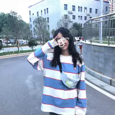 mostwantedlab long-sleeved T-shirt top round neck striped blue men's and women's loose sweater Xiao Zhan the same paragraph
