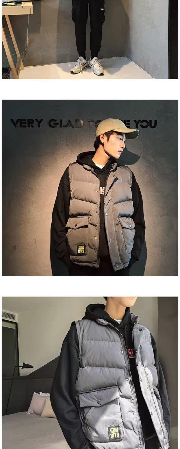 Joker down cotton vest nam áo khoác cộng với phân bón XL Phiên bản Hàn Quốc cổ áo ấm xu hướng áo len mùa thu đông áo ghi lê nam