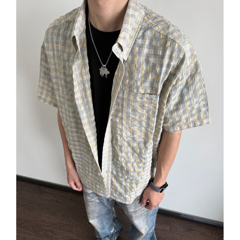 Sellscream American Retro Seersucker Plaid Men's and Women's Shirts Textured Short-Sleeved Loose Casual Shirts