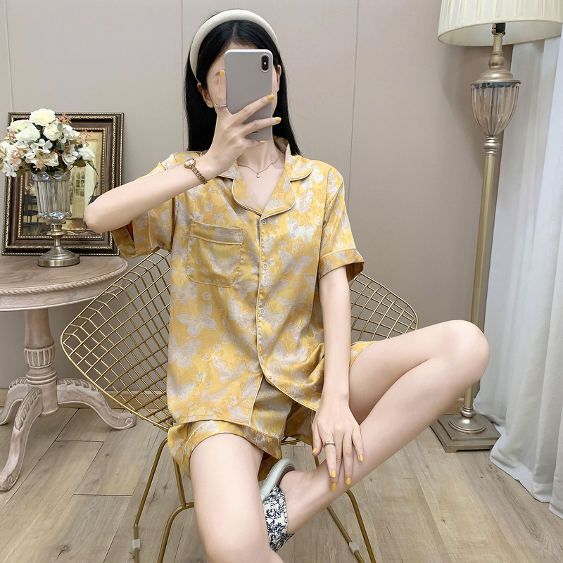 Japanese Gp Ice Silk Pajamas for Women, Summer 2026 New Style, Light Luxury Butterfly Yellow High-End Home Wear Set Japanese Gp Ice Silk Pajamas for Women, Summer 2026 New Style, Light Luxury Butterfly Yellow High-End Home Wear Set