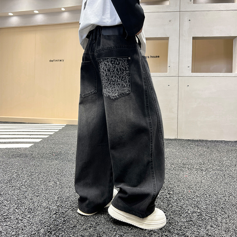 Boys' Straight-Leg Jeans Autumn and Winter 2026 New Style Medium and Large Children's Fleece-Lined Loose Pants Children's Black Casual Long Pants